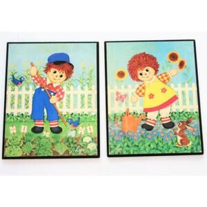 Raggedy Ann & Andy Wall Art Hanging Holes Wooden Set 2 Signed Lyn 11x14 Vtg